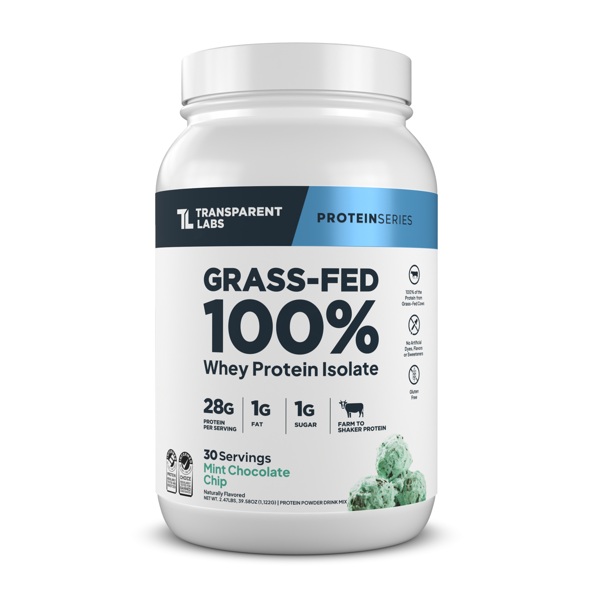 Transparent Labs Grass-Fed Whey Protein Isolate, Mint Chocolate Chip, 2LB container