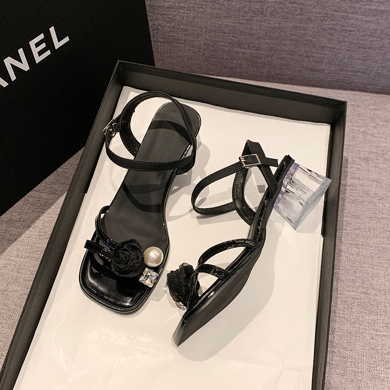 Women’s pearl and floral ankle-strap block heel sandals