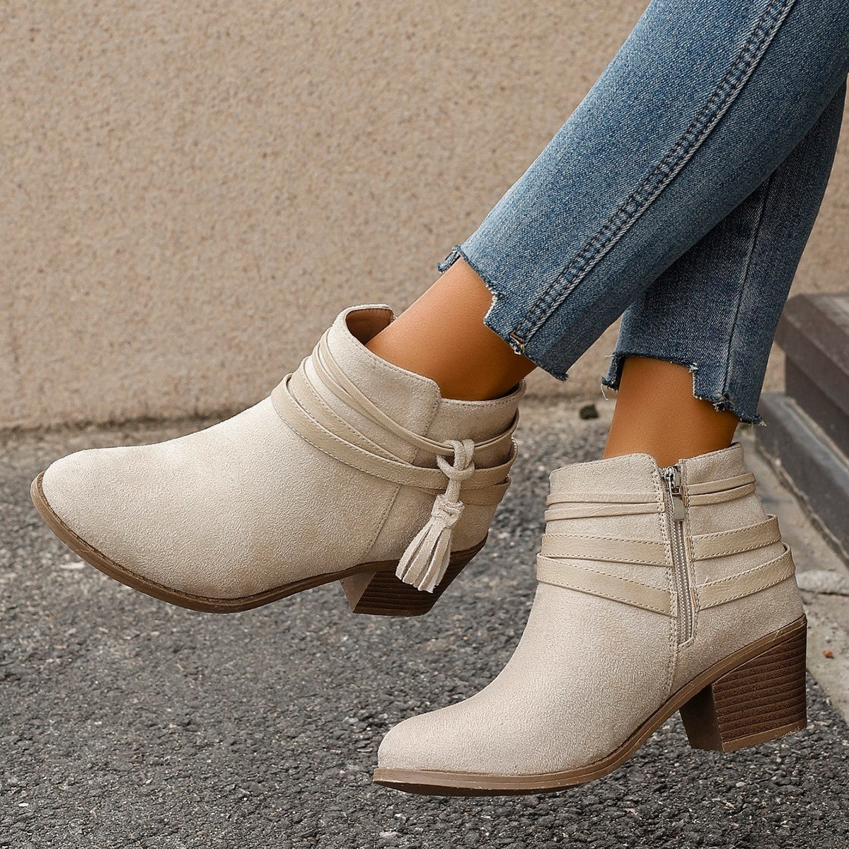 Suede chunky-heel boots with side zipper and belt-buckle detail