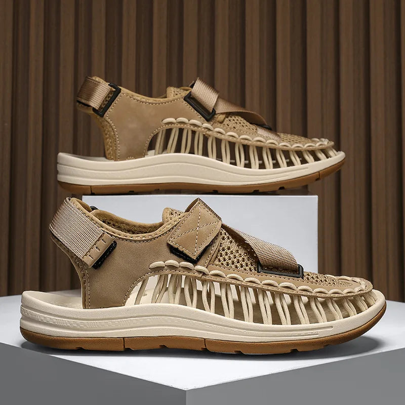 Men’s woven slip-on sandals with a roman-style strap design