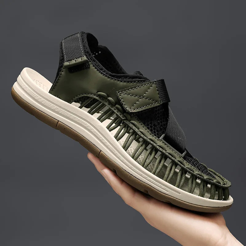 Men’s woven slip-on sandals with a roman-style strap design