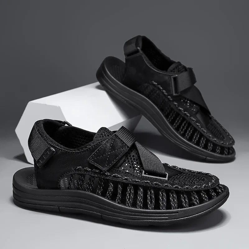 Men’s woven slip-on sandals with a roman-style strap design