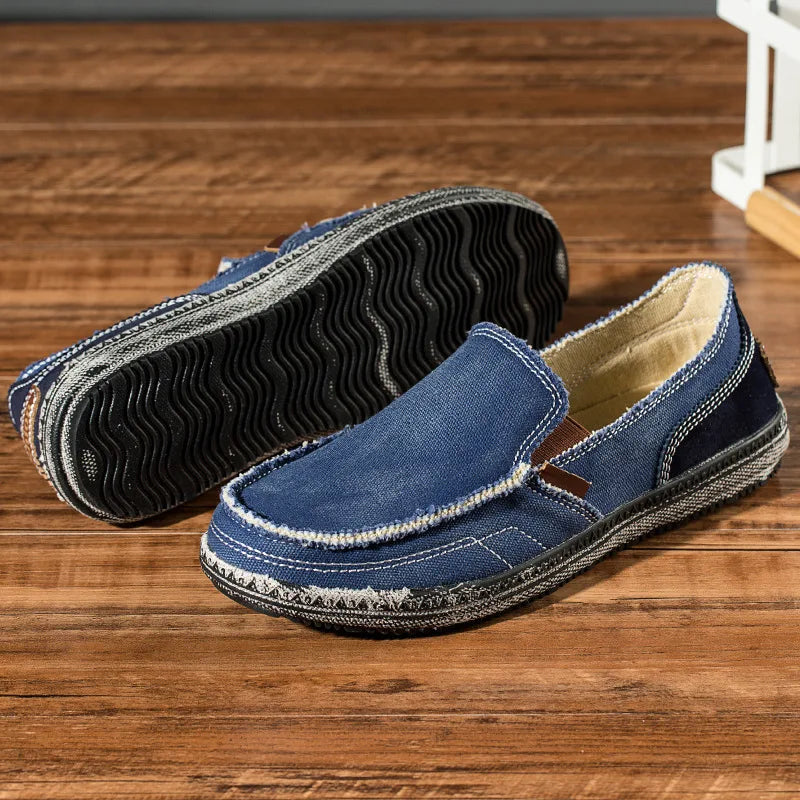Washed canvas loafers for men with stitched rubber soles for easy everyday wear