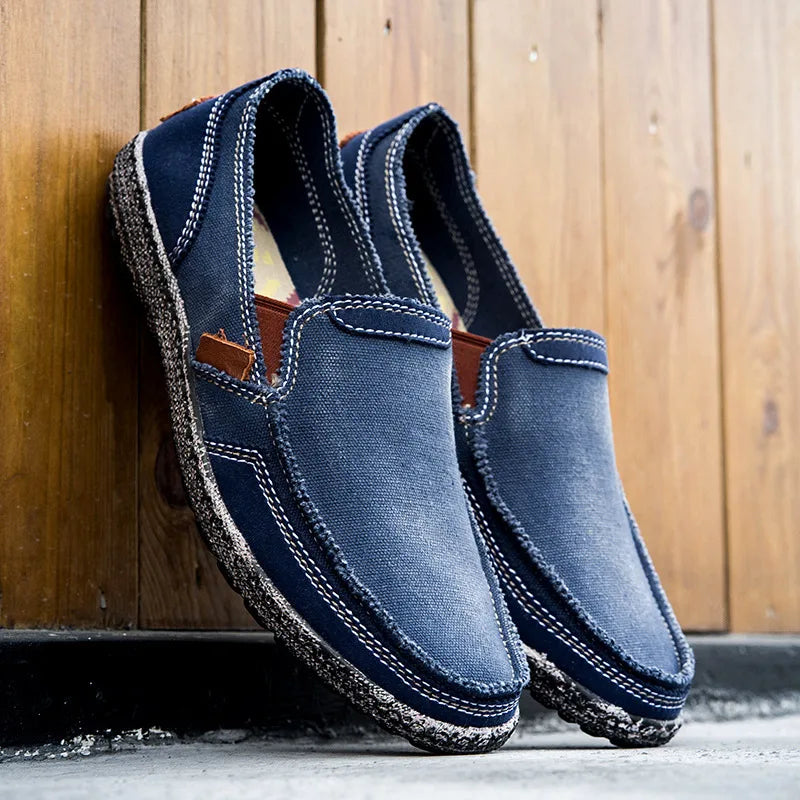 Washed canvas loafers for men with stitched rubber soles for easy everyday wear