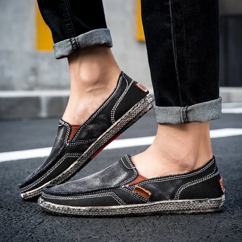 Washed canvas loafers for men with stitched rubber soles for easy everyday wear