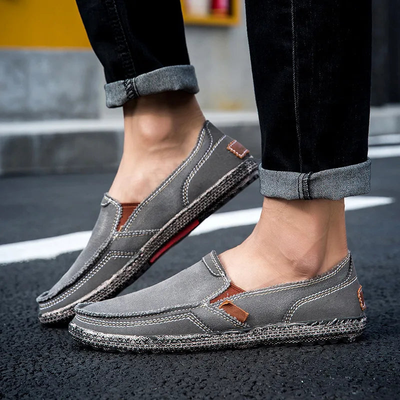 Washed canvas loafers for men with stitched rubber soles for easy everyday wear