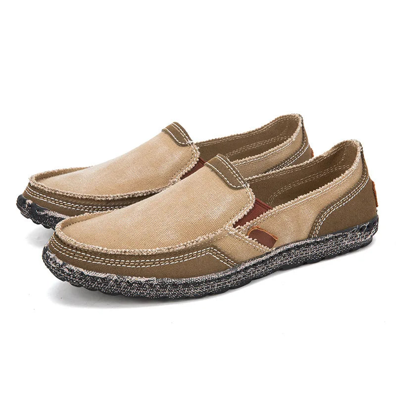 Washed canvas loafers for men with stitched rubber soles for easy everyday wear