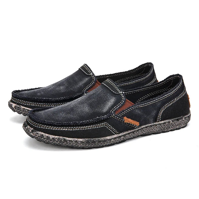 Washed canvas loafers for men with stitched rubber soles for easy everyday wear