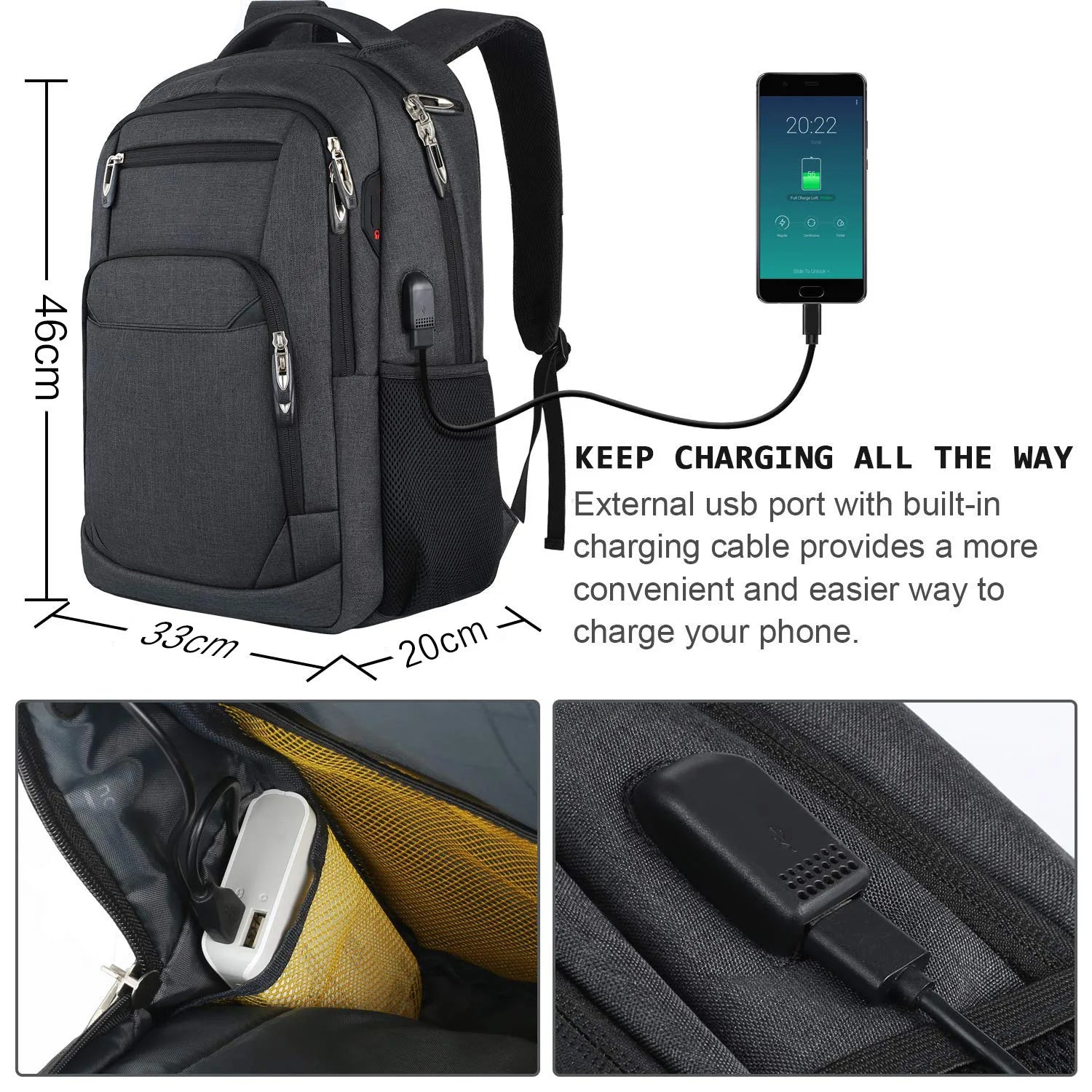 Men’s travel backpack with air-cushioned straps and 20-35L capacity