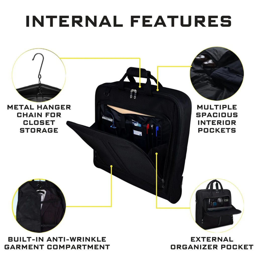 Water-resistant polyester garment bag with 36-55 liter capacity for business trips