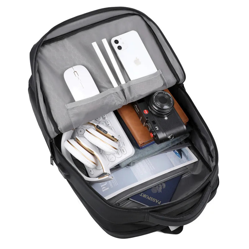 Unisex PU leather business backpack with air-cushion straps — 20–35L capacity