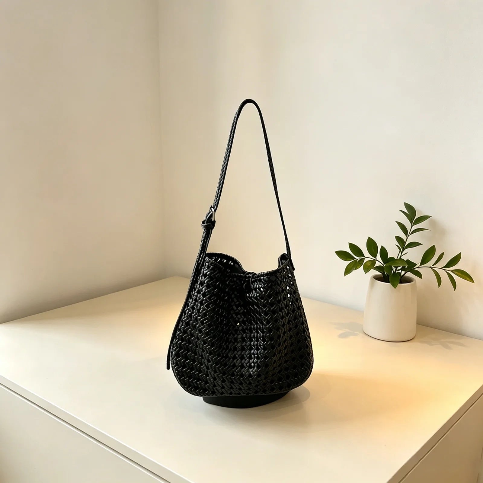Hollow-out woven bucket bag for casual, beach-ready outings
