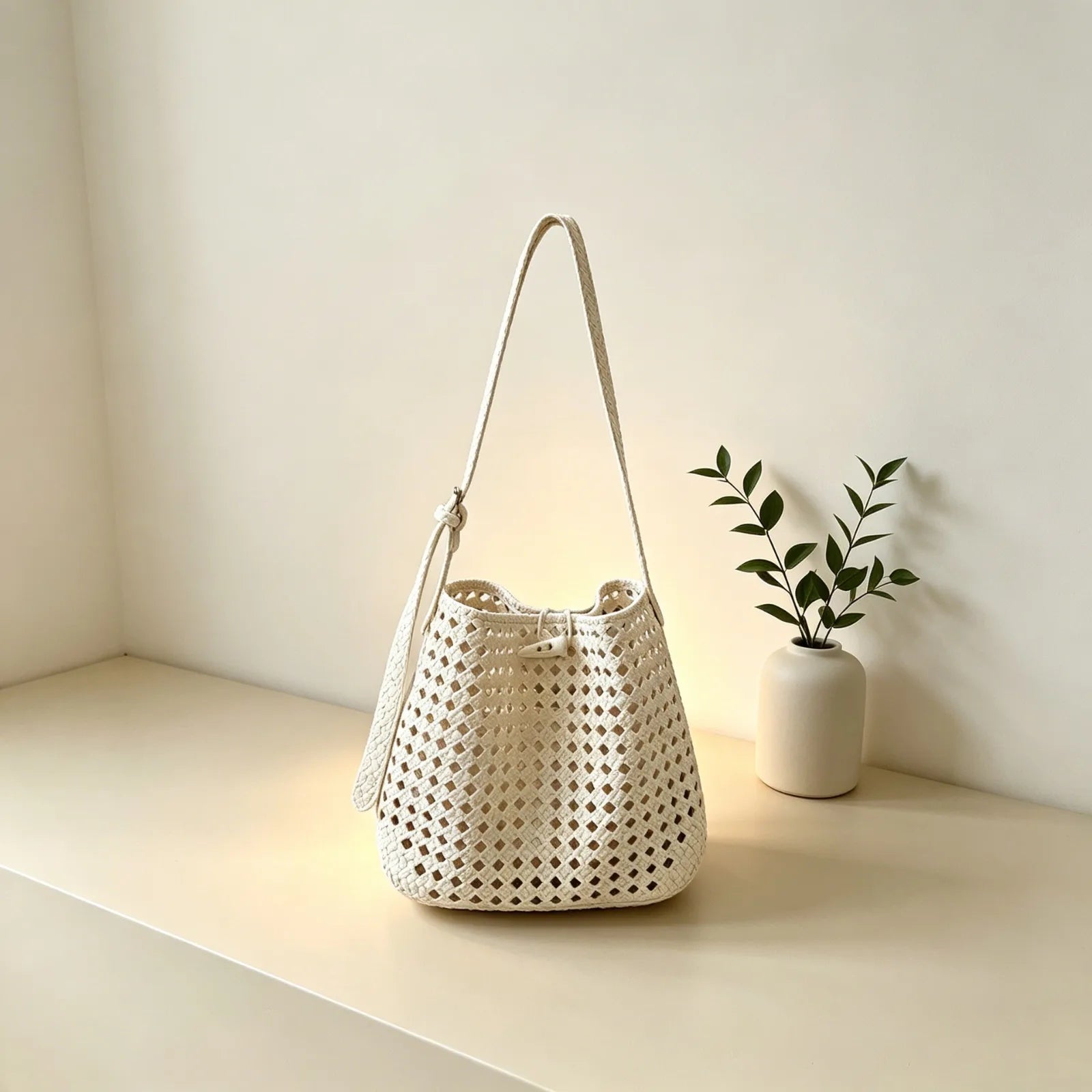 Hollow-out woven bucket bag for casual, beach-ready outings