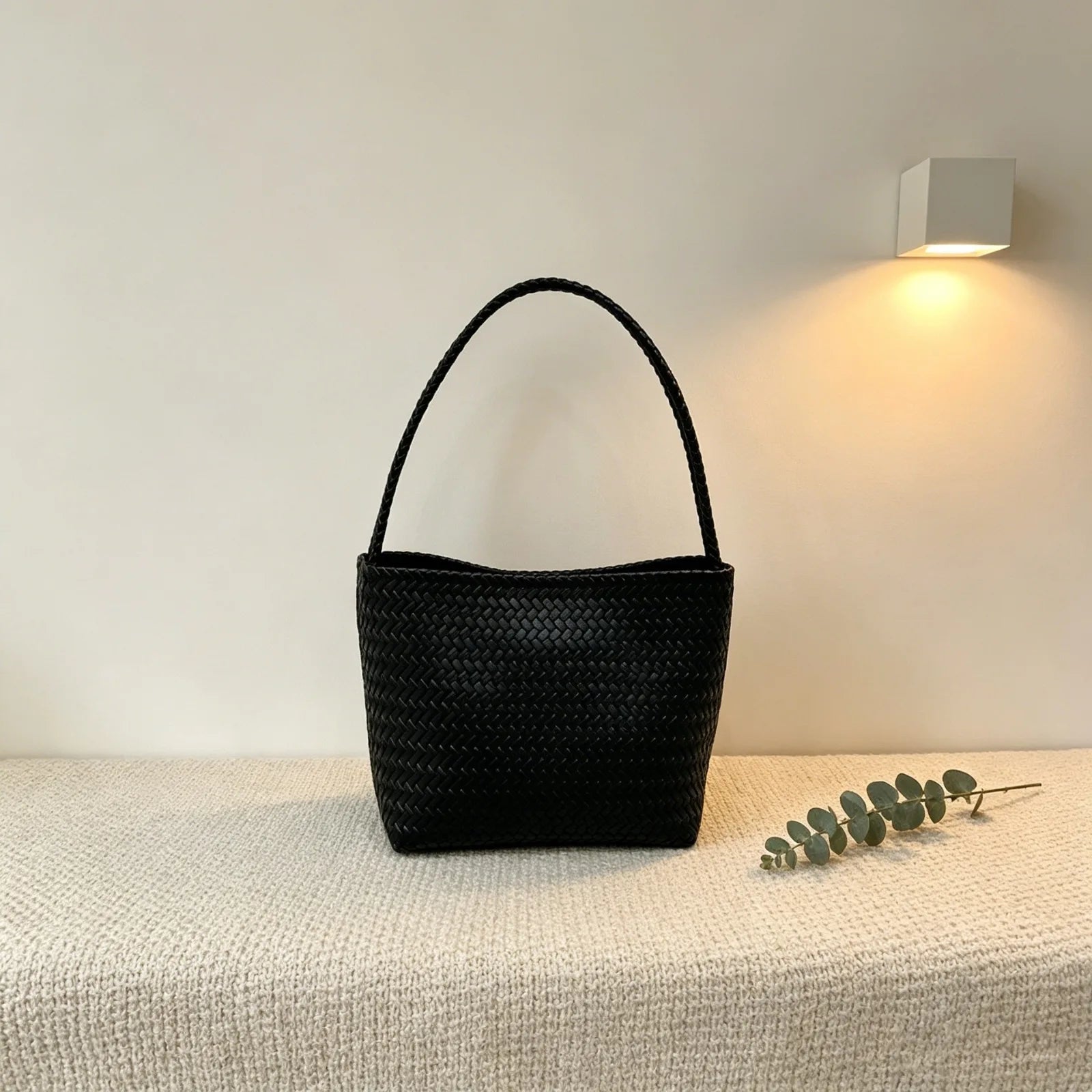 Woven-pattern bucket bag with double straps for everyday wear