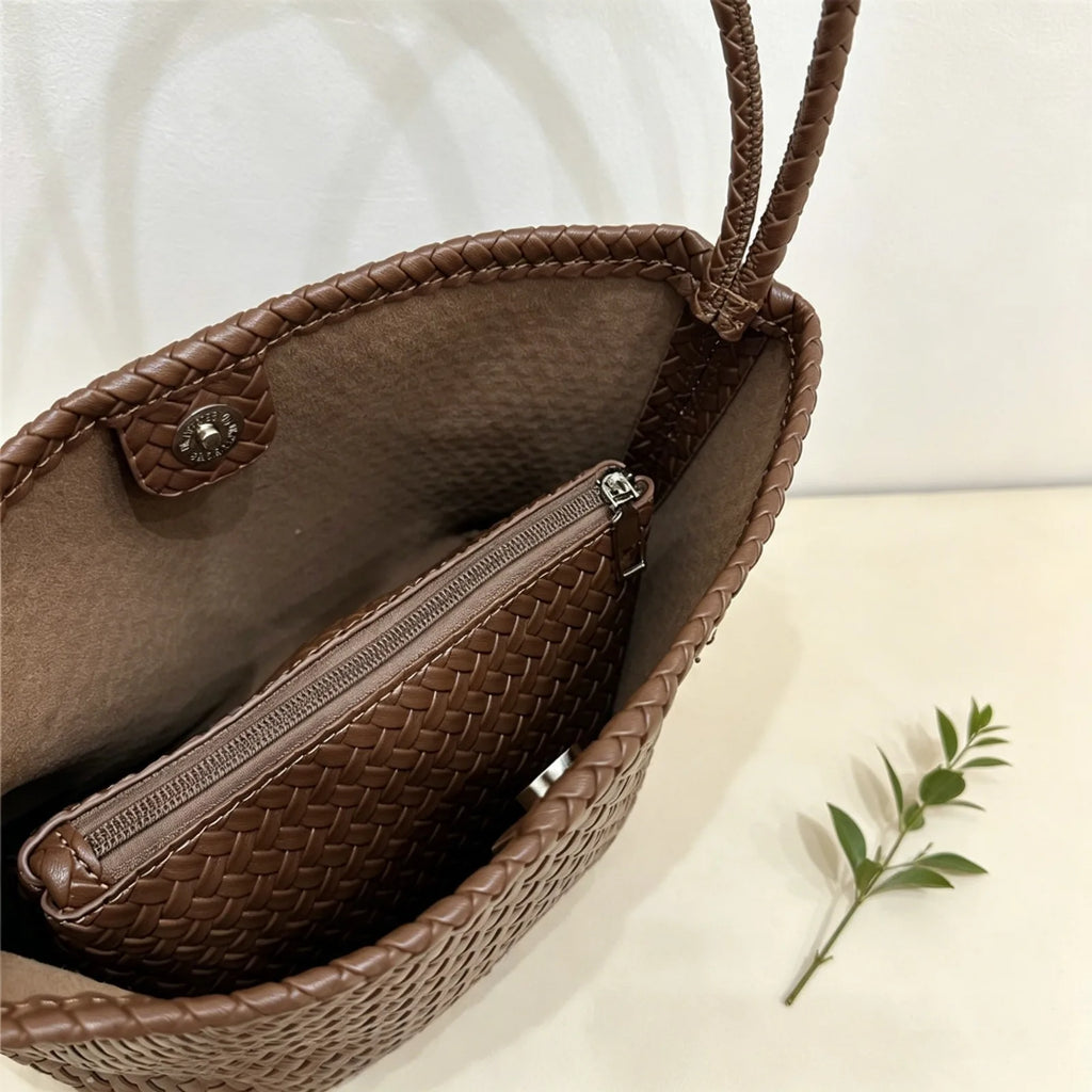 Woven-pattern bucket bag with double straps for everyday wear