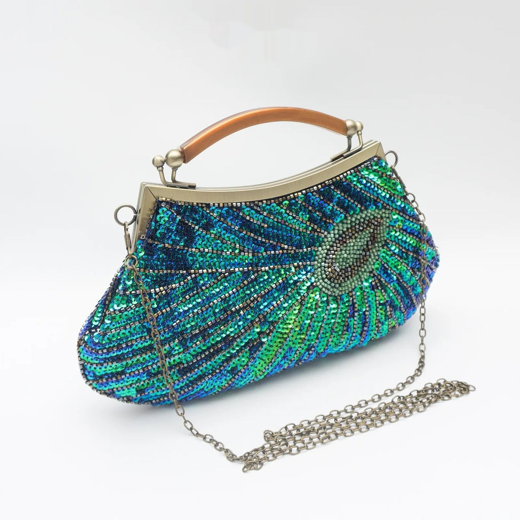 Beaded evening clutch with peacock-feather design – vintage handbag for women