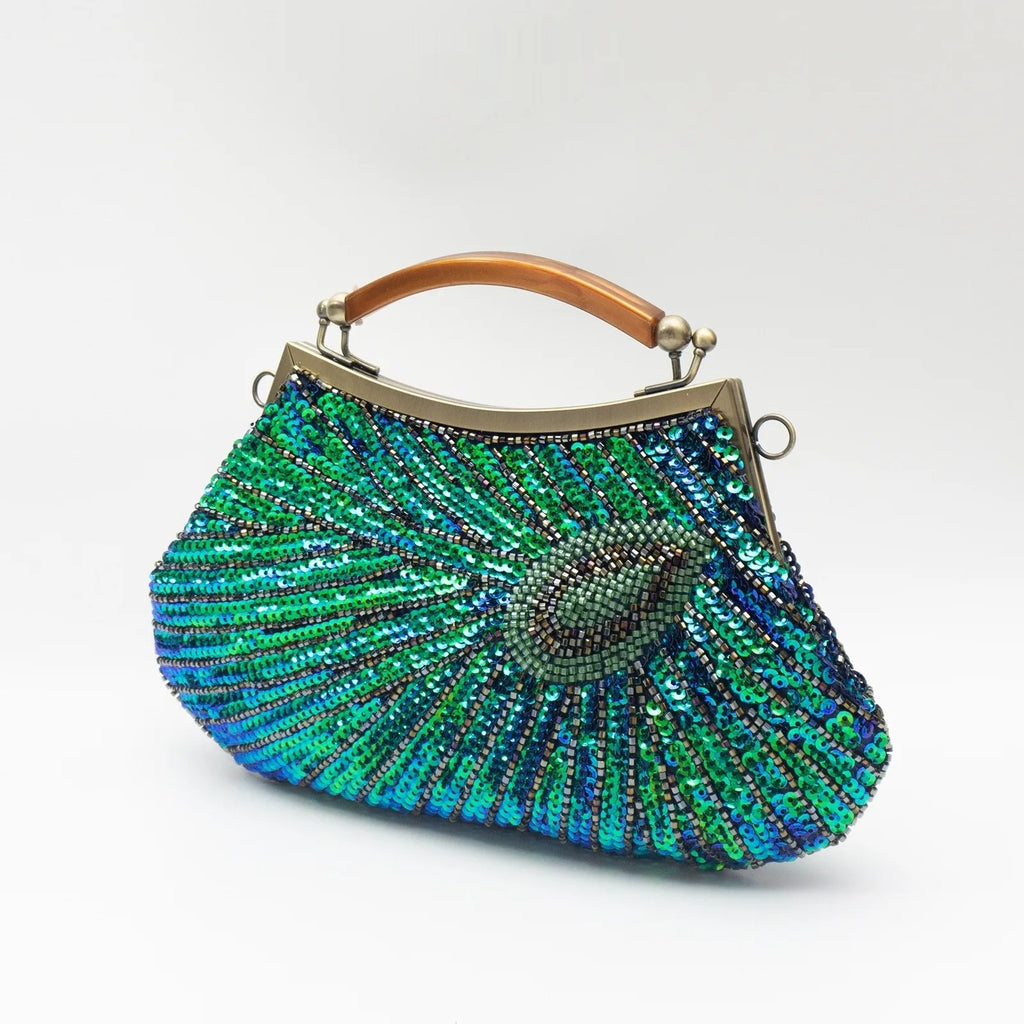 Beaded evening clutch with peacock-feather design – vintage handbag for women