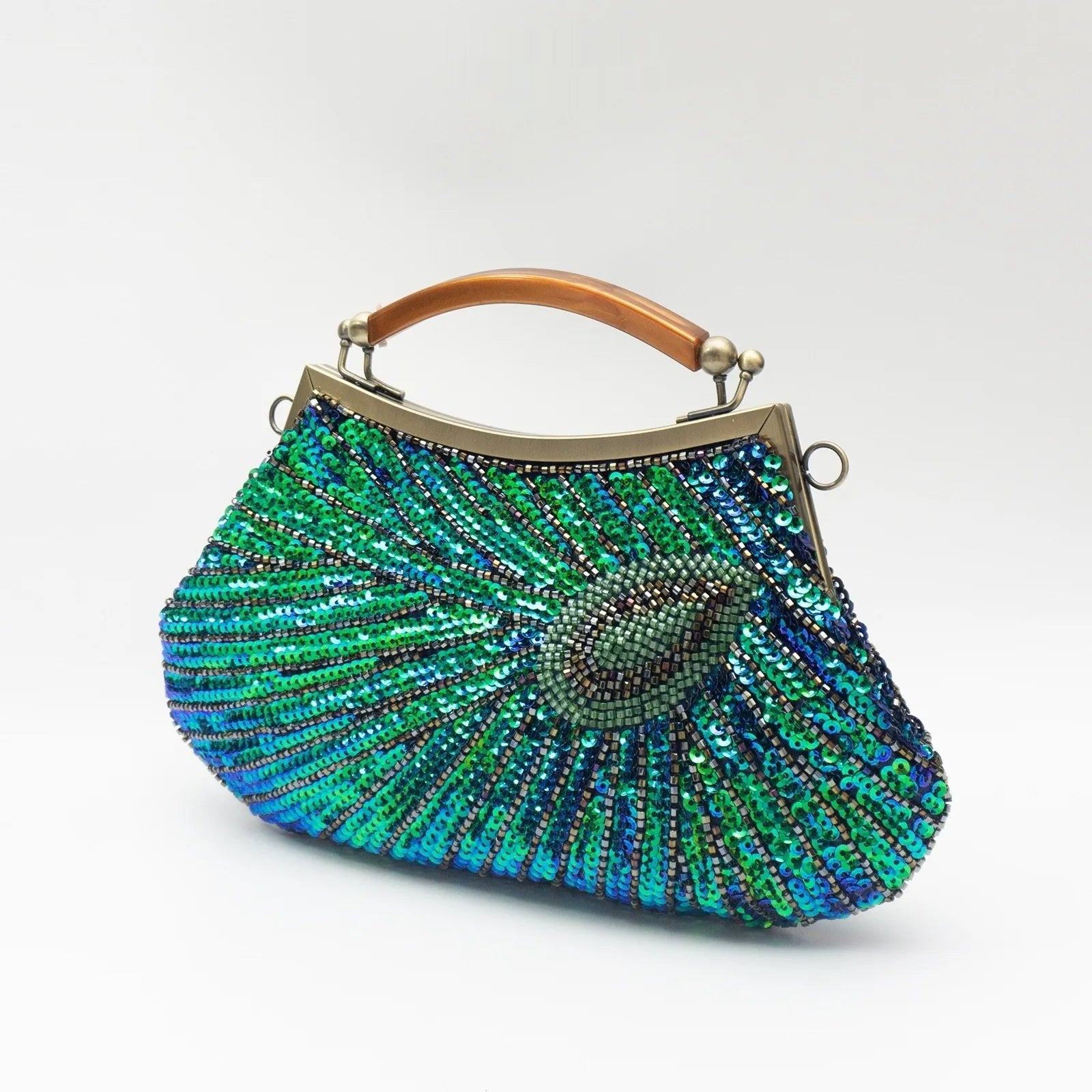 Beaded evening clutch with peacock-feather design – vintage handbag for women