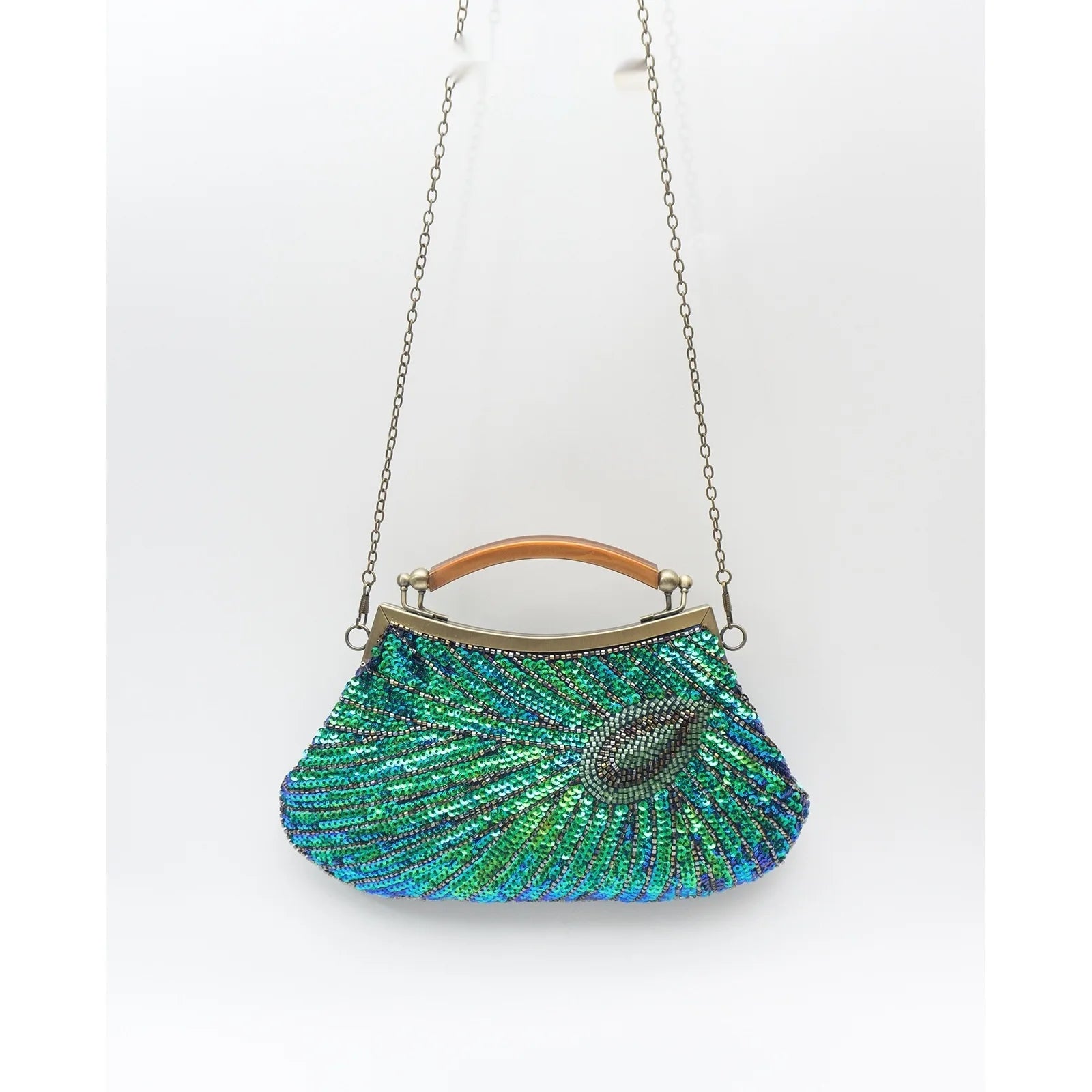 Beaded evening clutch with peacock-feather design – vintage handbag for women