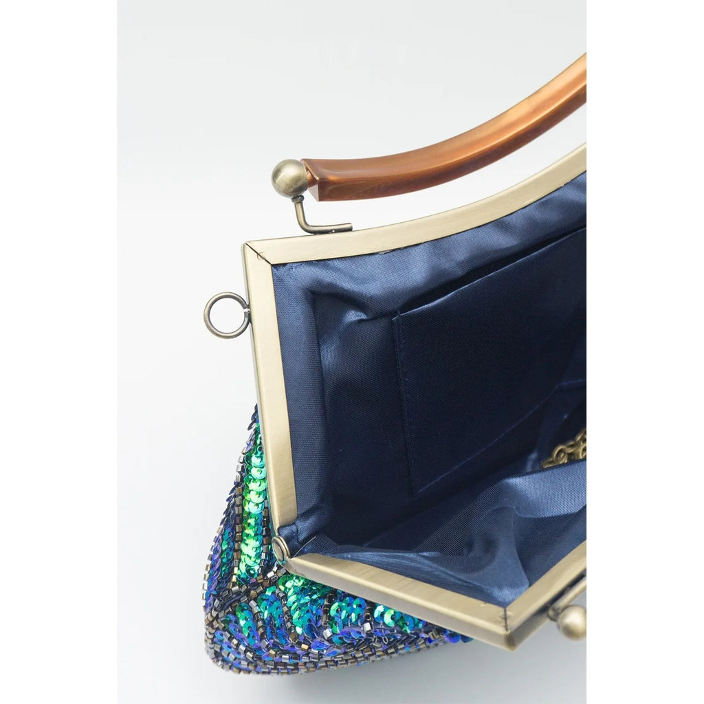 Beaded evening clutch with peacock-feather design – vintage handbag for women