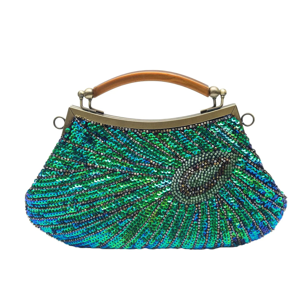 Beaded evening clutch with peacock-feather design – vintage handbag for women