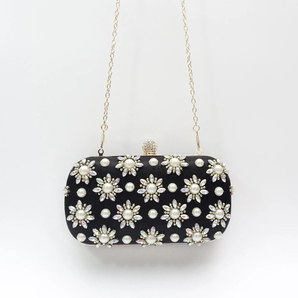 Rhinestone-embellished evening bag with chain strap – oval clutch for special occasions