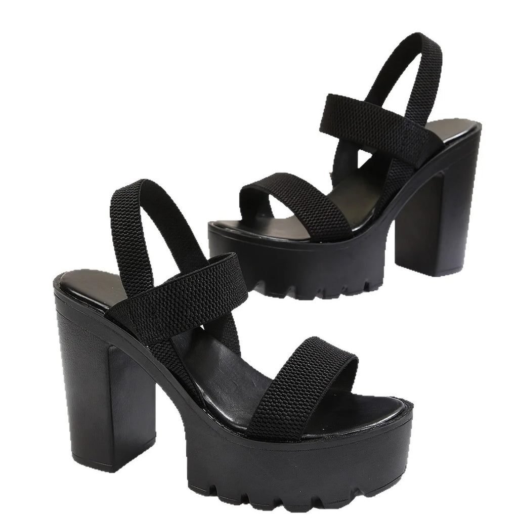 Chunky high-heel slide sandals with a rivet strap detail