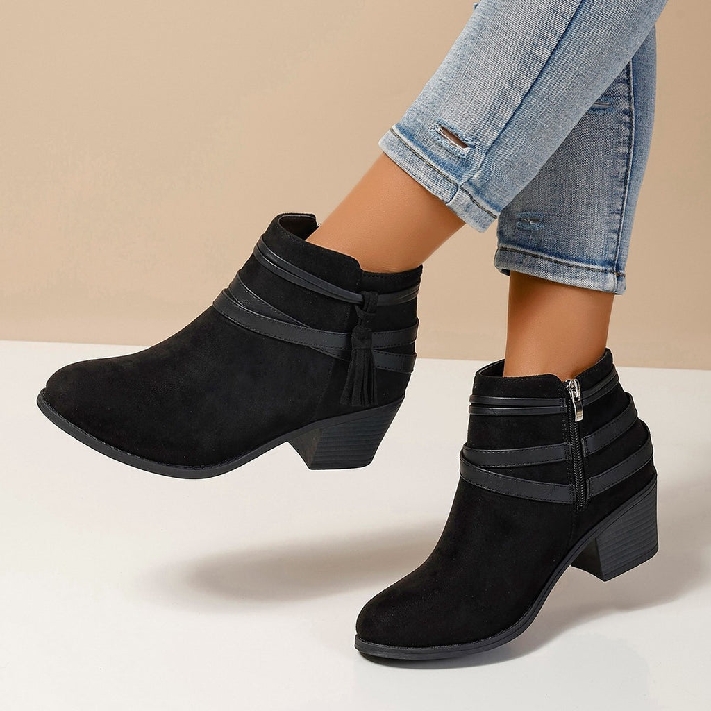 Suede chunky-heel boots with side zipper and belt-buckle detail
