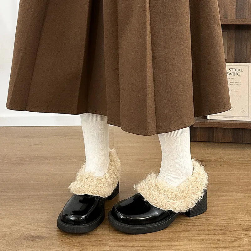 Women’s fleece-lined ankle boots – slip-on block heel boots for cold weather