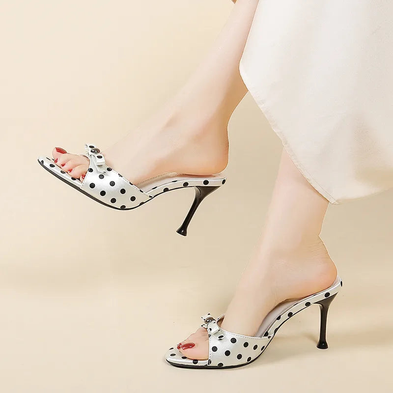 Women’s polka dot one-strap heel sandals – open-toe stiletto for summer nights