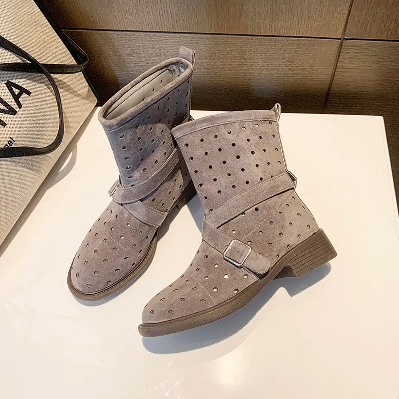 Suede cutout ankle booties with a block heel
