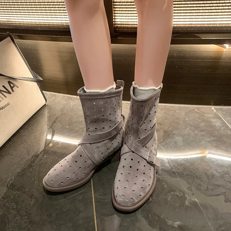 Suede cutout ankle booties with a block heel