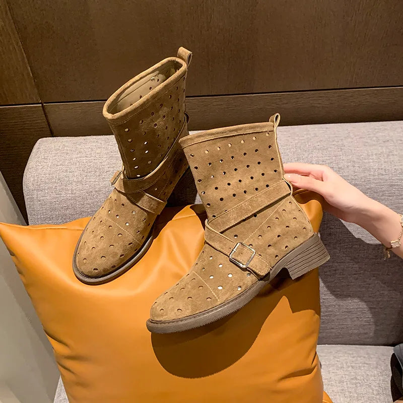 Suede cutout ankle booties with a block heel