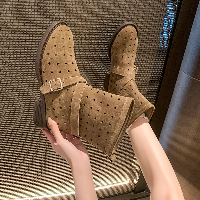 Suede cutout ankle booties with a block heel