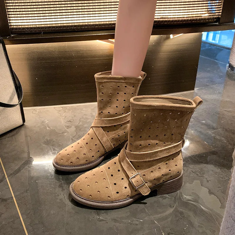 Suede cutout ankle booties with a block heel