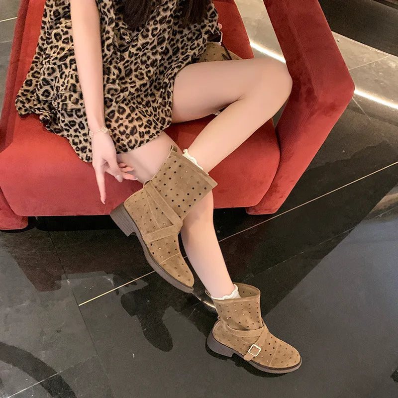 Suede cutout ankle booties with a block heel