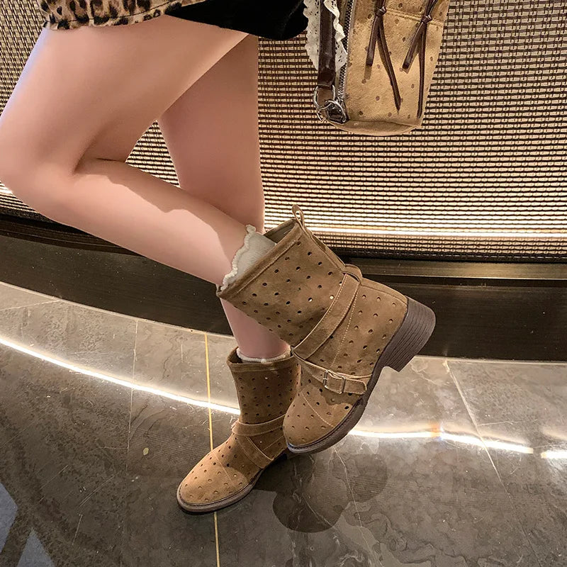 Suede cutout ankle booties with a block heel