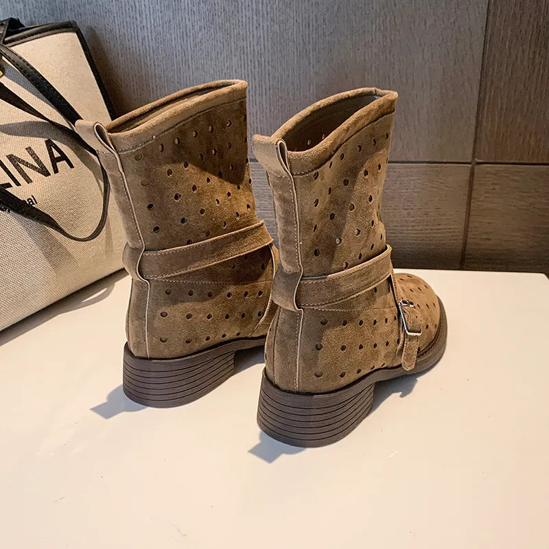 Suede cutout ankle booties with a block heel