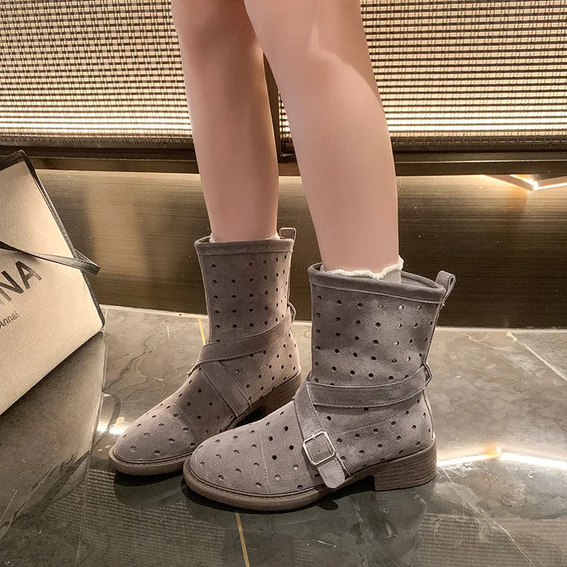 Suede cutout ankle booties with a block heel