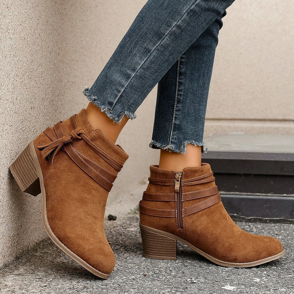Suede chunky-heel boots with side zipper and belt-buckle detail