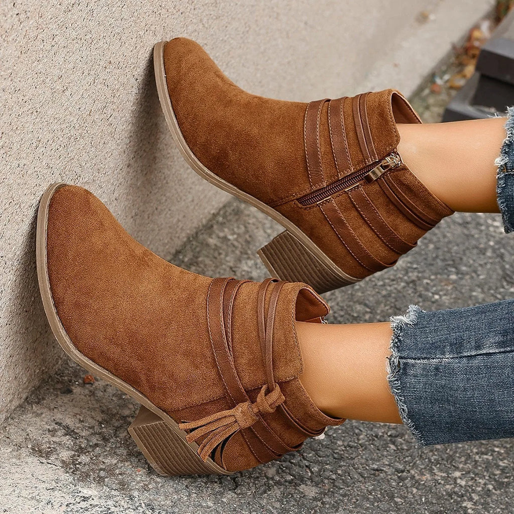 Suede chunky-heel boots with side zipper and belt-buckle detail