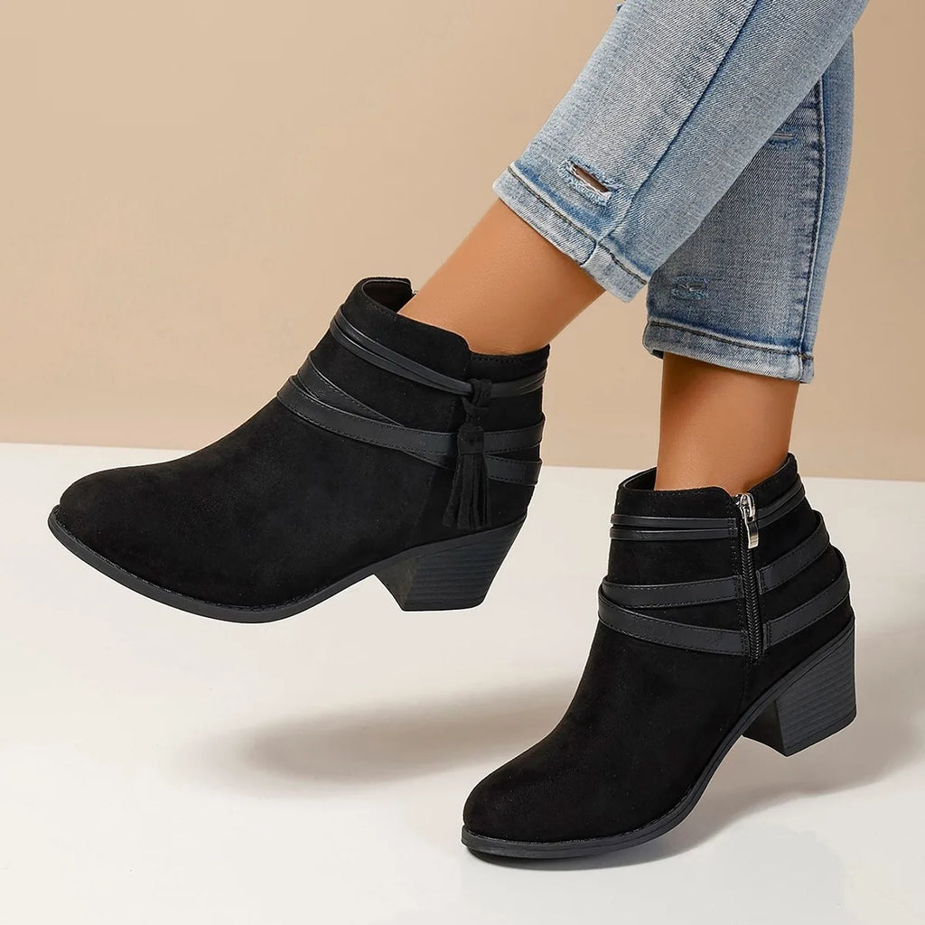 Suede chunky-heel boots with side zipper and belt-buckle detail