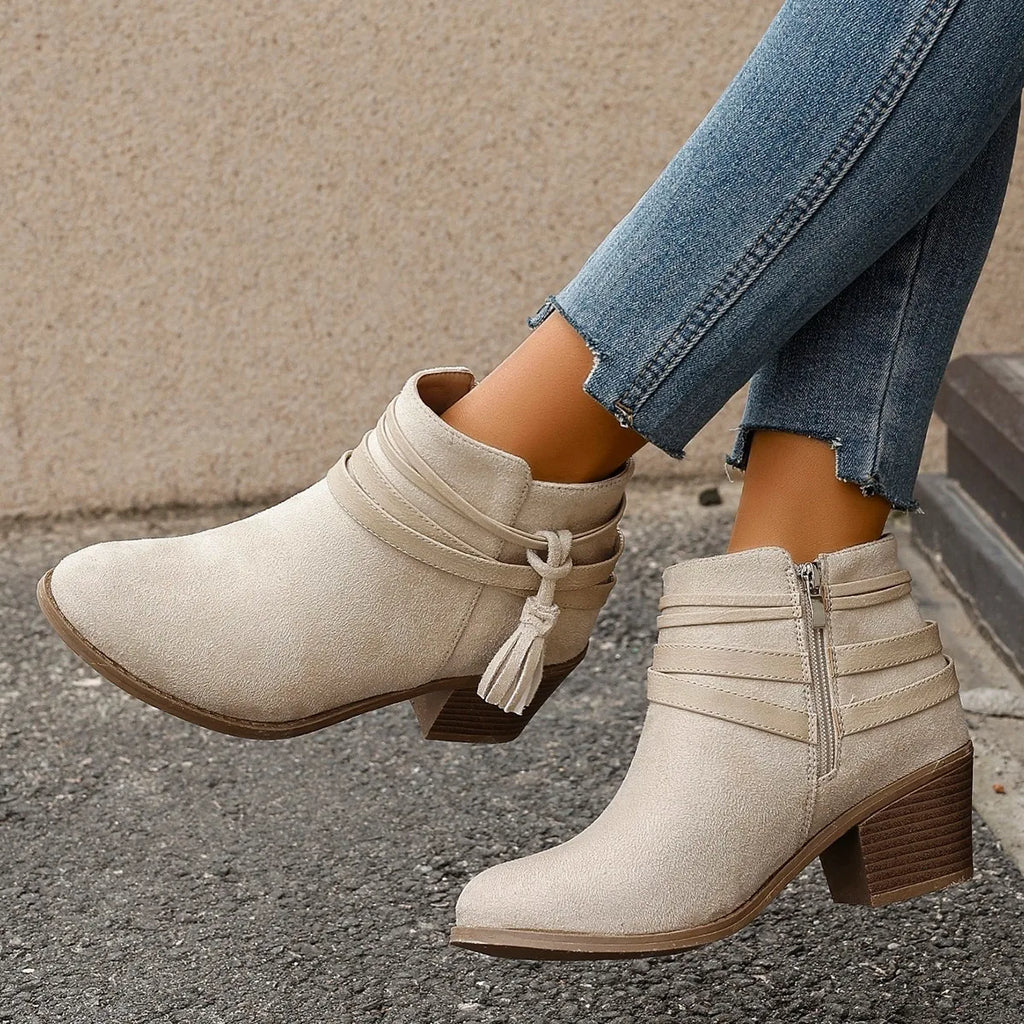 Suede chunky-heel boots with side zipper and belt-buckle detail