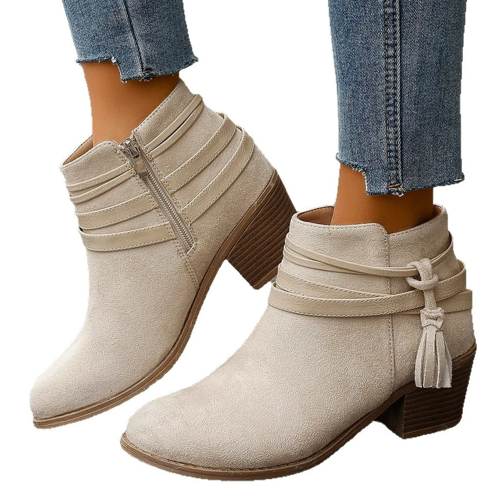 Suede chunky-heel boots with side zipper and belt-buckle detail