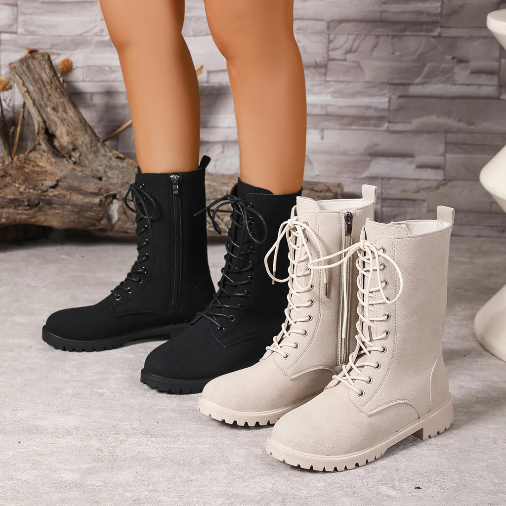Round toe combat boots with side zipper – wide-size options for fall and winter