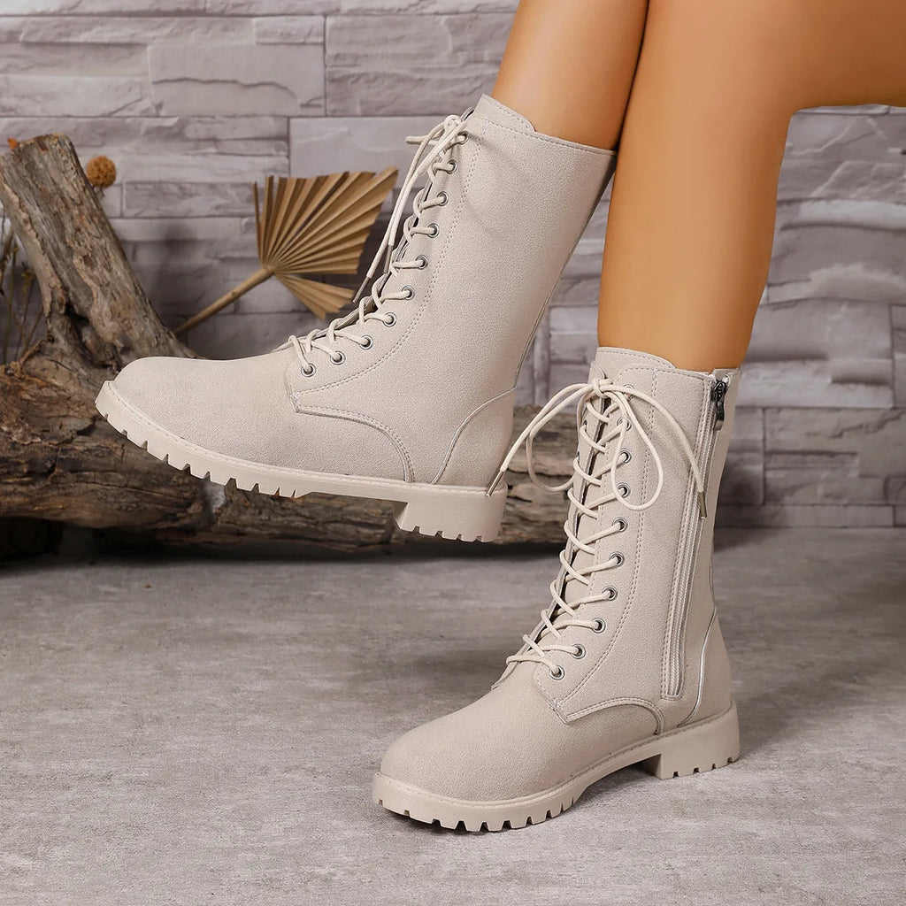 Round toe combat boots with side zipper – wide-size options for fall and winter