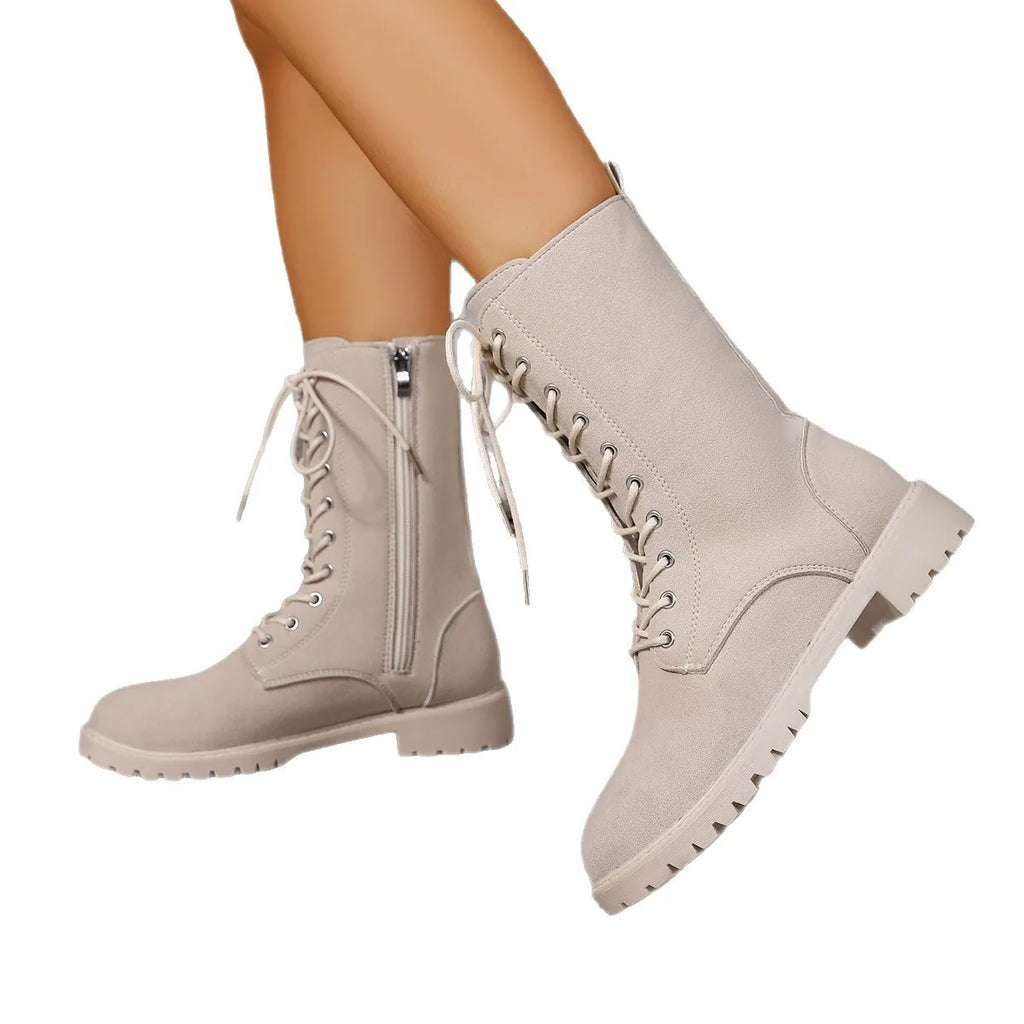 Round toe combat boots with side zipper – wide-size options for fall and winter