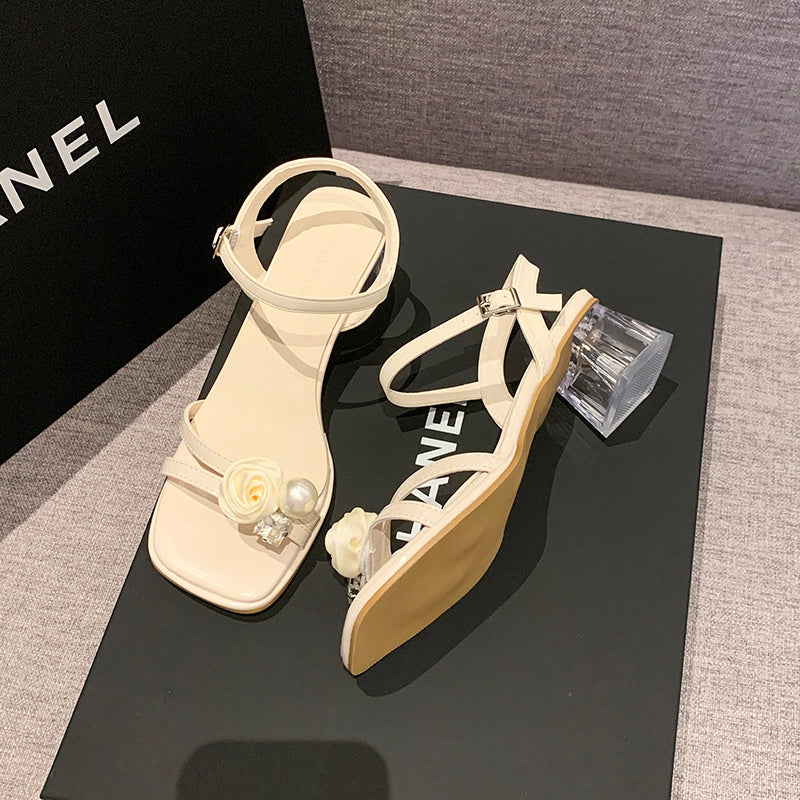 Women’s pearl and floral ankle-strap block heel sandals