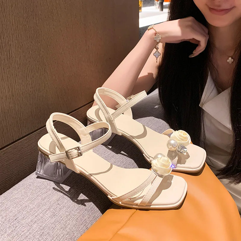 Women’s pearl and floral ankle-strap block heel sandals