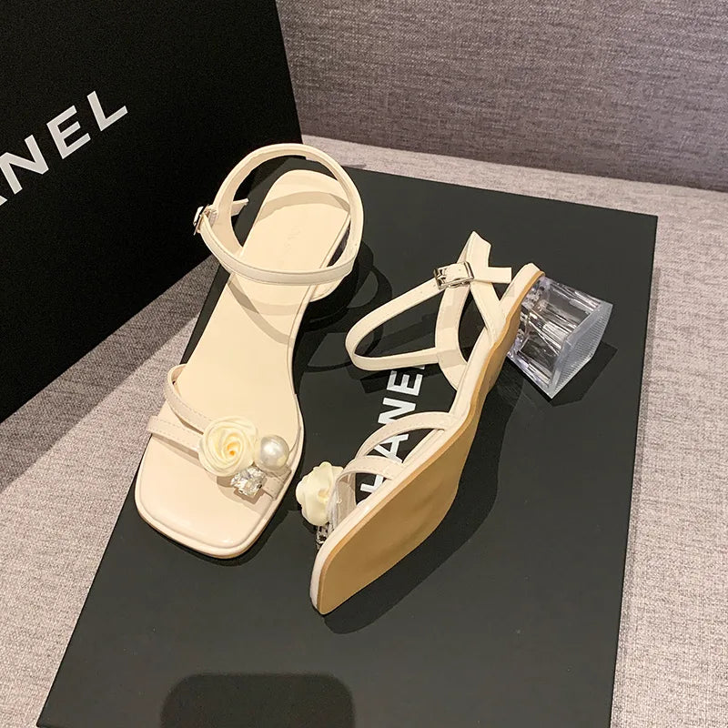 Women’s pearl and floral ankle-strap block heel sandals